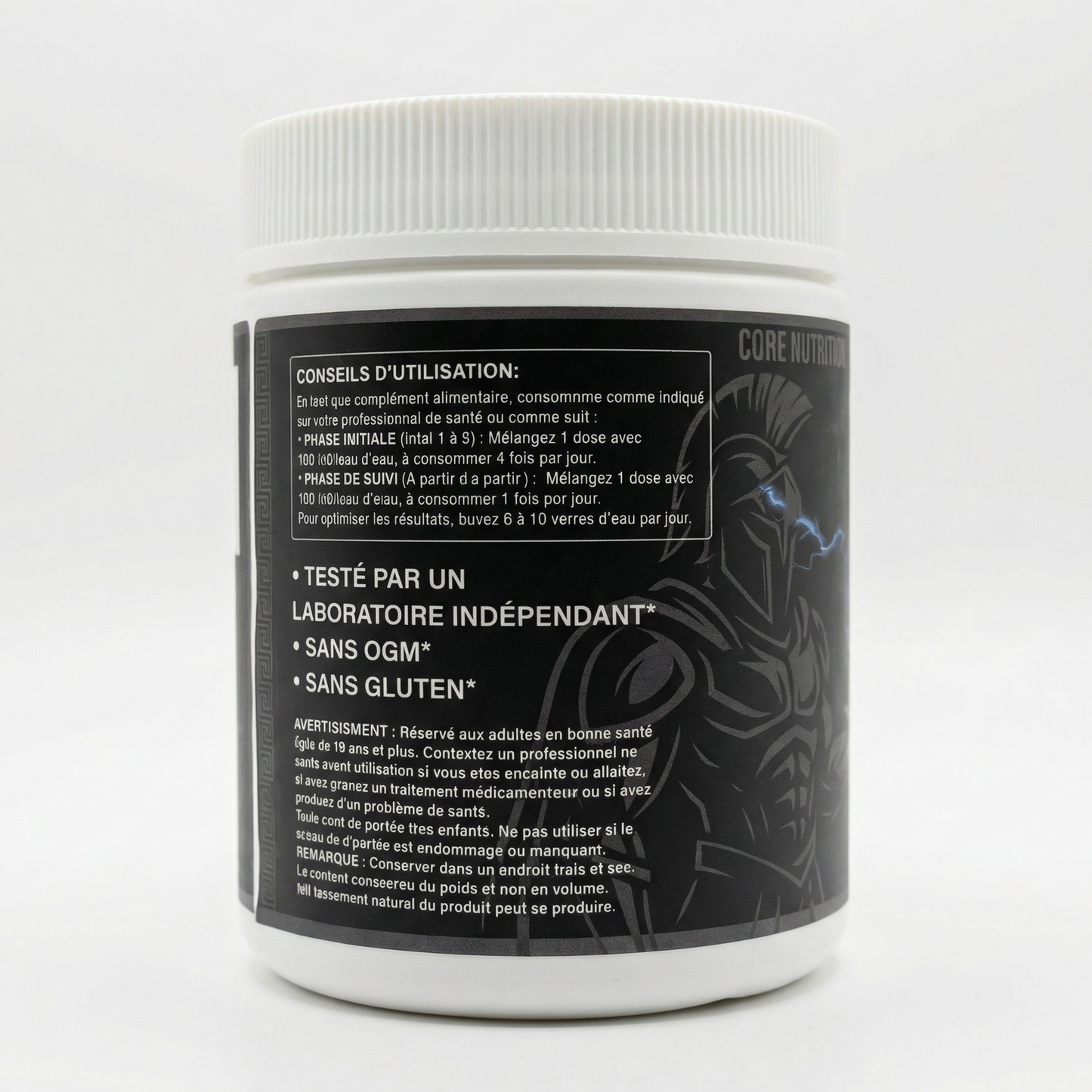 White supplement container with black label on a white background