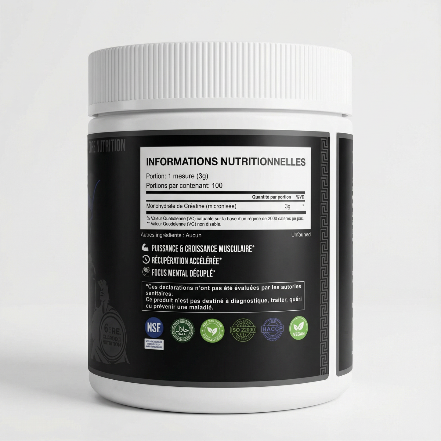 Nutritional supplement container with label on a white background