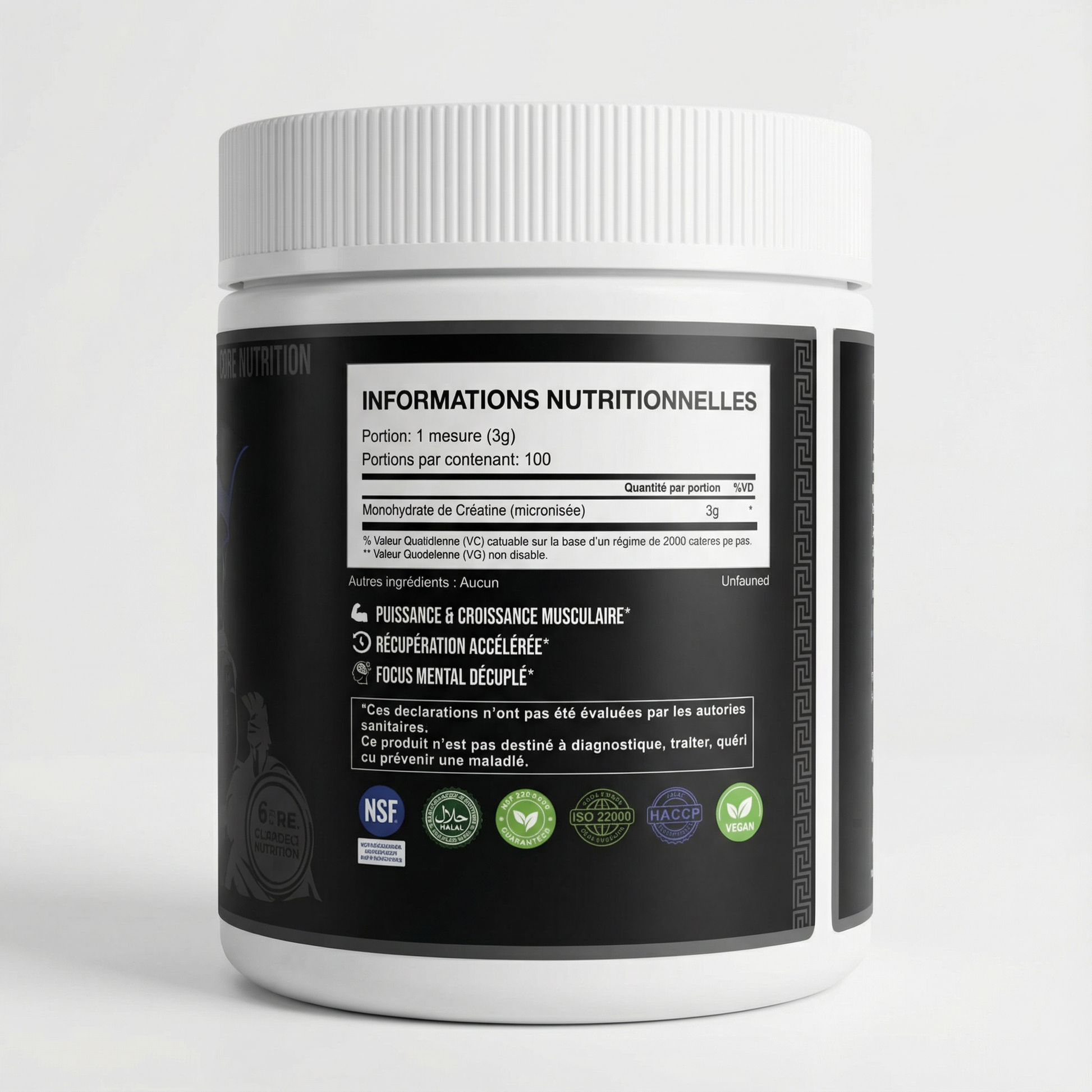 Nutritional supplement container with label on a white background
